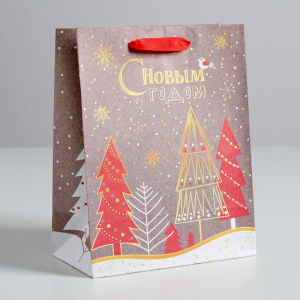 Пакет подарочный крафтовый 18×23×8см Новогодние ёлки