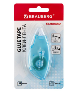 Клей-лента BRAUBERG STANDARD 6 мм х 8 м корпус матовый голубой блистер