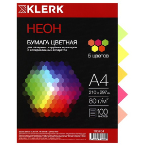 Бумага цветная офисная А4 KLERK 100л 80 г/м2 неон 5 ярких цветов по 20 листов